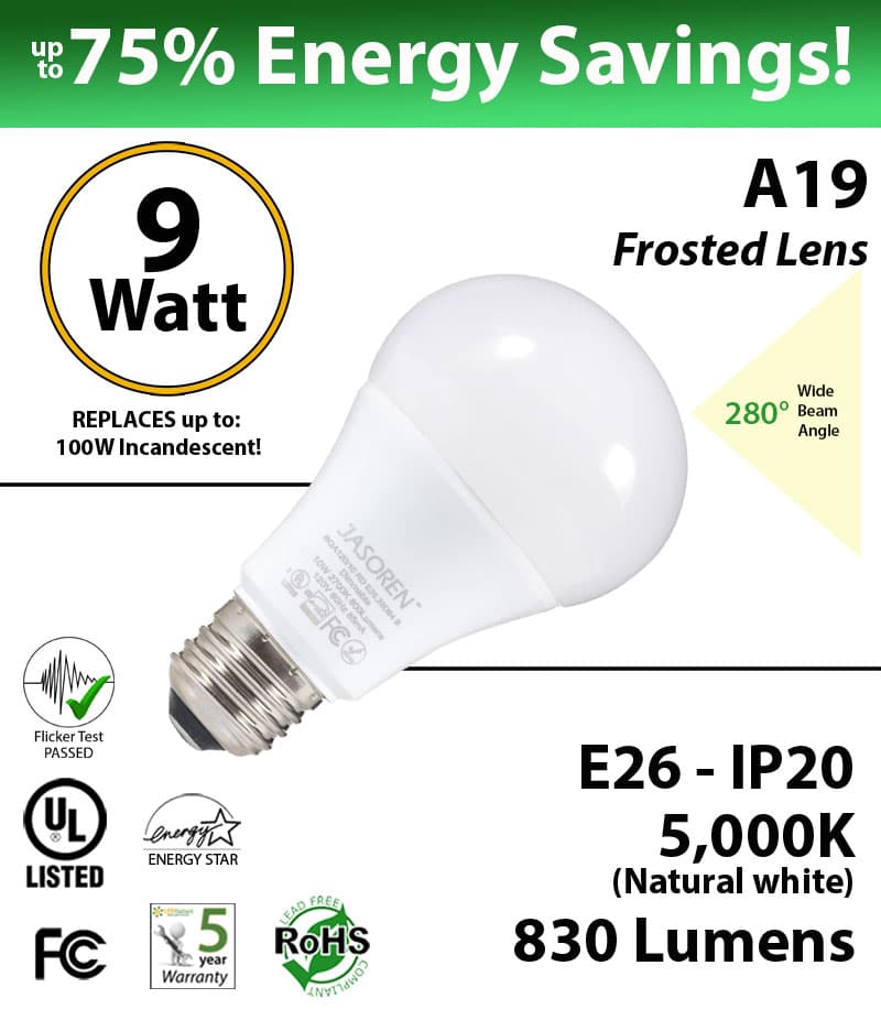 A19 9W  5000K 830 Lm E26  Non- Dimmable  Frosted thumbnail 5