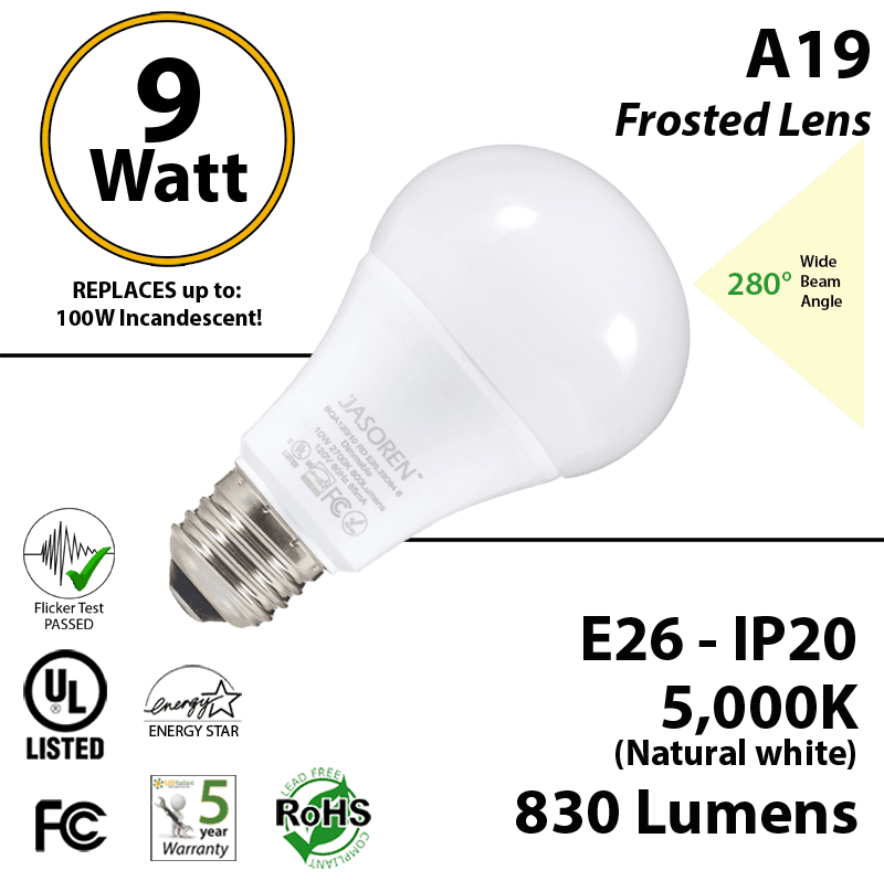 A19 9W  5000K 830 Lm E26  Non- Dimmable  Frosted thumbnail 6