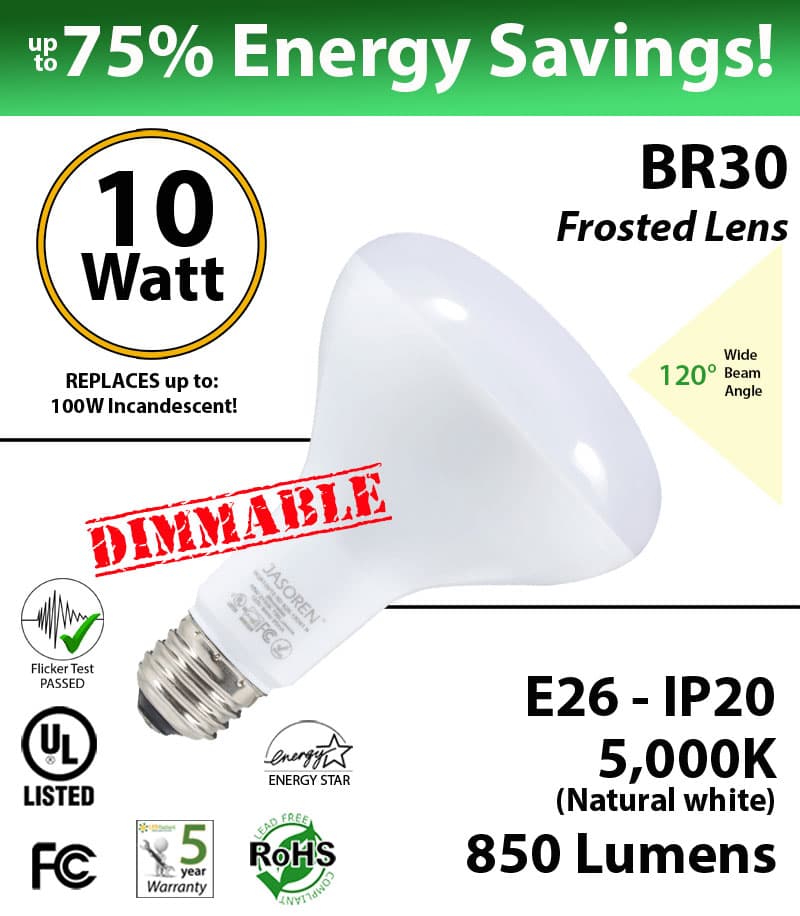 BR30 10W 850Lm Dimmable Frosted Lens 120° Beam Angle 5000K UL & Energy Star thumbnail 4