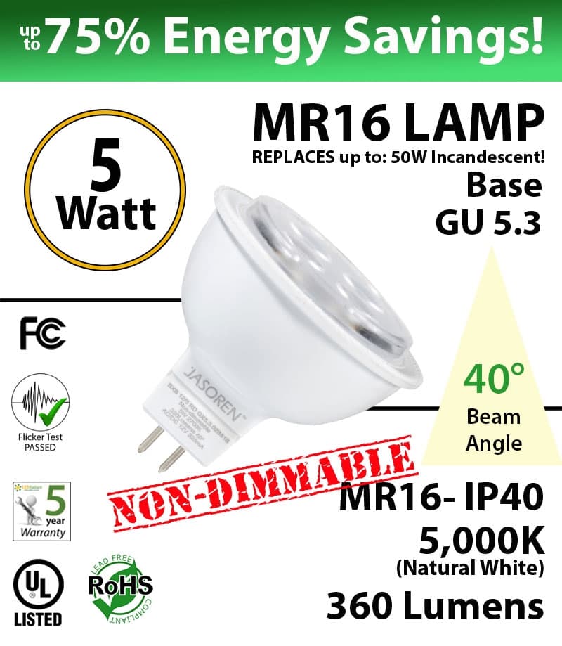 5W LED MR16 Base GU 5.3 Non-Dimmable 40° Beam Angle 5000K 360 Lumens IP40  thumbnail 5