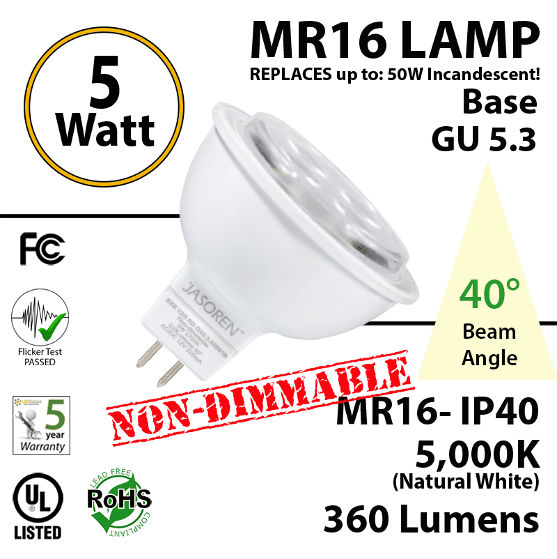 5W LED MR16 Base GU 5.3 Non-Dimmable 40° Beam Angle 5000K 360 Lumens IP40  thumbnail 6