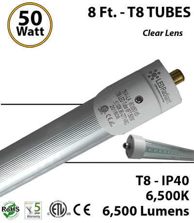 8Ft. LED Light Tube 50 Watt 6500Lm 6500K FA8 Clear Lens