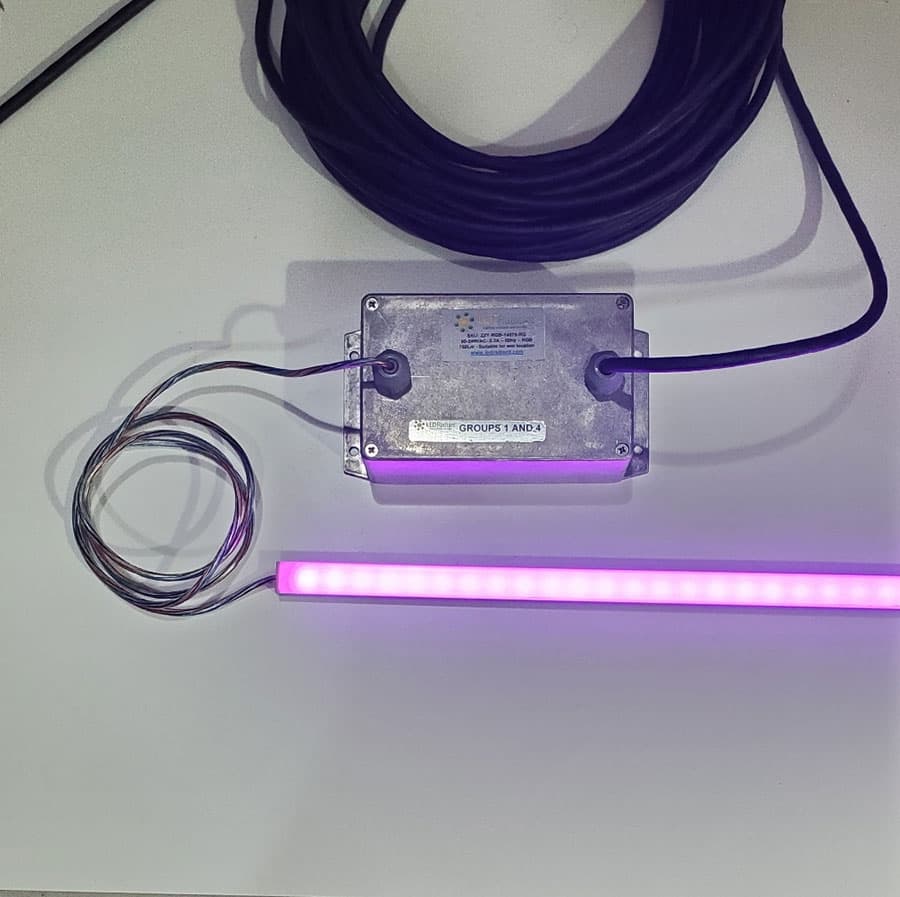 RGB - FIXTURE FOR SEATWALL  and 20' whip SJOOW for electrical connection and IP68 UL Type 6 box for driver and controller. IP64 aluminum profile with lens and IP68 LED RGB strip for 2 layers of protection. thumbnail 5