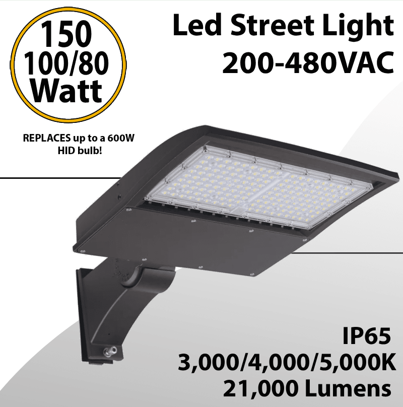 LED Street Light Fixture 150/100/80W 200-480VAC 21000Lm 3 CCT