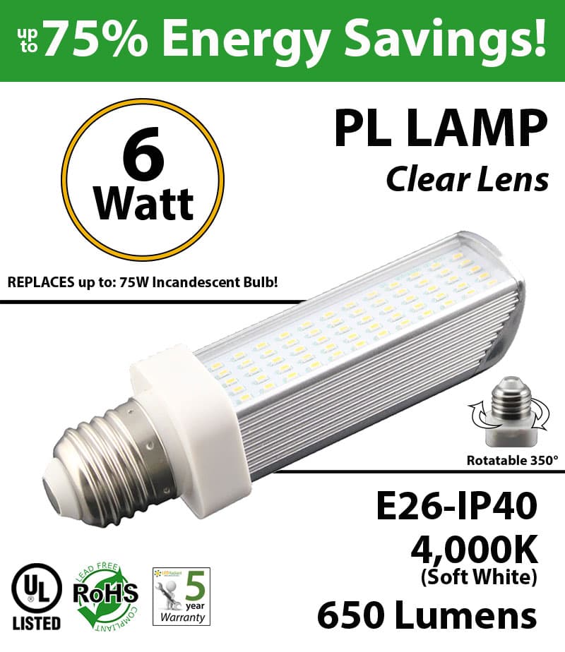 6W PL LED Bulb lamp, 650Lm, 4000K, E26, IP40, UL. (Rotatable 350 Degrees).  Direct Line (Remove Ballast) thumbnail 6
