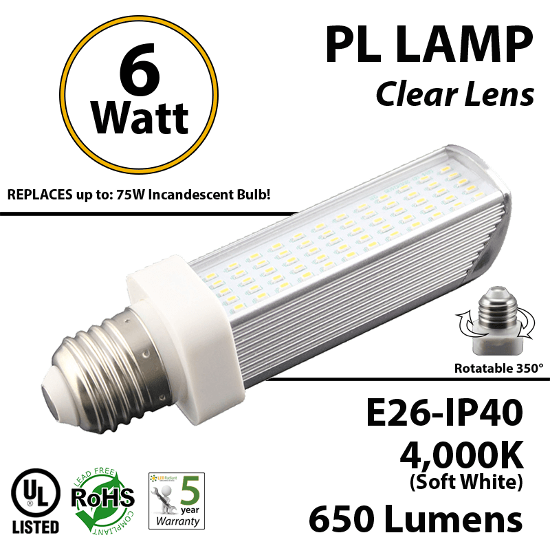 6W PL LED Bulb lamp, 650Lm, 4000K, E26, IP40, UL. (Rotatable 350 Degrees).  Direct Line (Remove Ballast) thumbnail 5