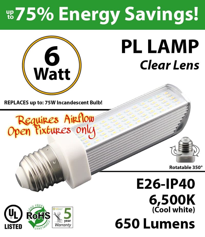 6W PL LED Bulb lamp 6500K E26 UL. Direct Line (Remove Ballast) thumbnail 6