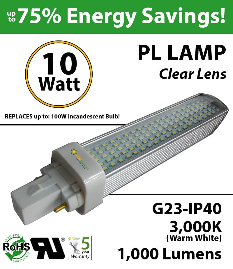 10W PL LED Bulb lamp 1000Lm 3000K G23 IP40 UL.  Direct Line (Remove Ballast) thumbnail 10