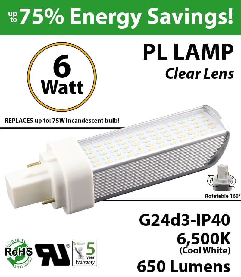 6W PL LED Bulb lamp 650Lm 6500K G24-d3 IP40 UL. Direct Line (Remove Ballast) thumbnail 7