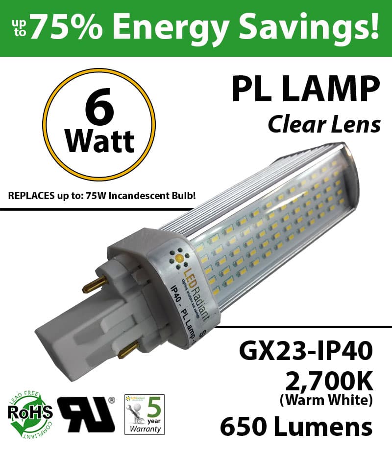 6W PL LED Bulb lamp 650Lm 2700K GX23 IP40 UL. Direct Line (Remove Ballast) thumbnail 6