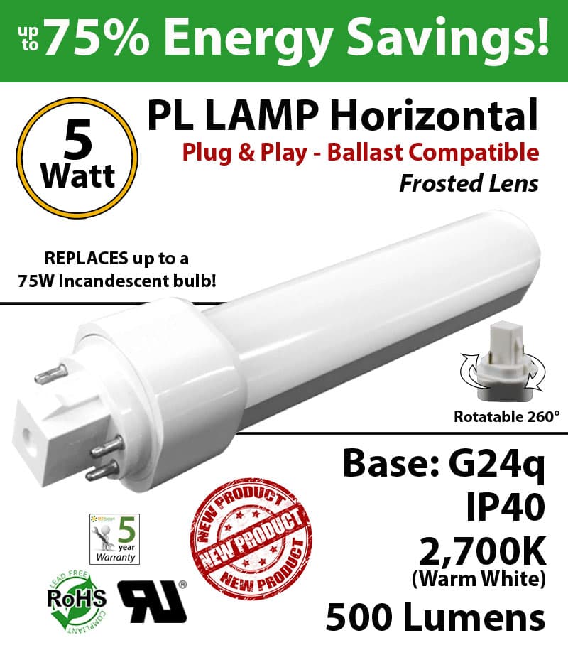 5W PL LED Lamp 500Lm 2700K Frosted Lens G24q IP40 UL. Ballast compatible thumbnail 4