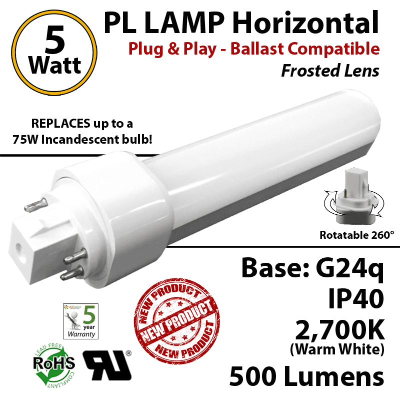 5W PL LED Lamp 500Lm 2700K Frosted Lens G24q IP40 UL. Ballast compatible thumbnail 5