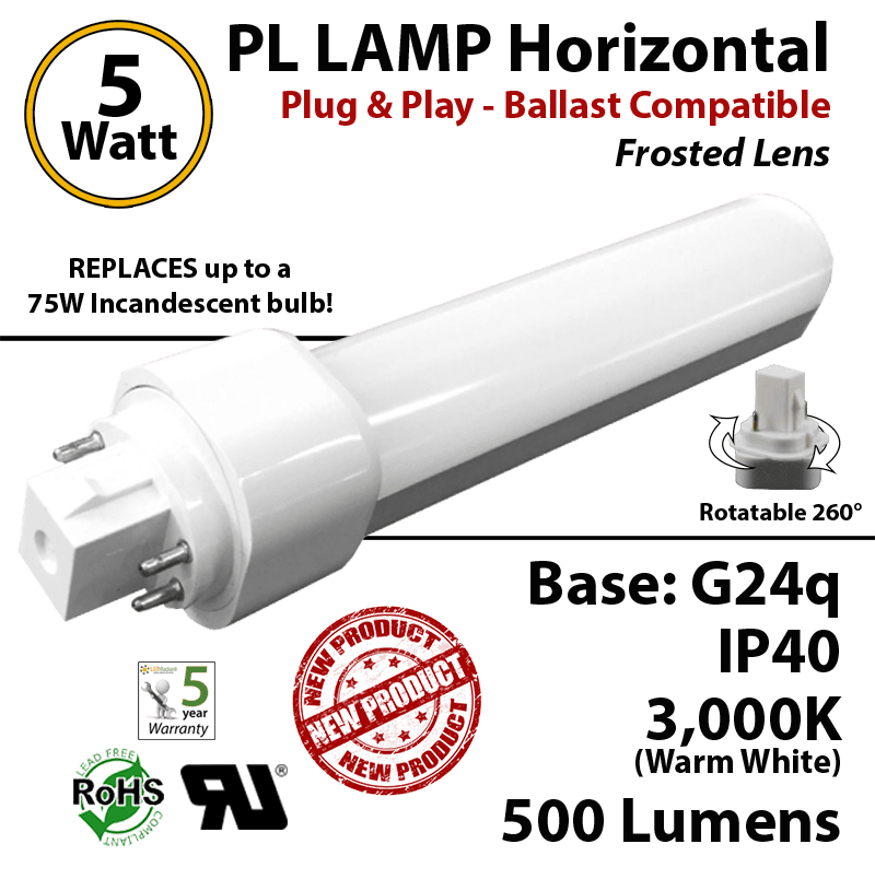 5W PL LED Lamp 500Lm 3000K Frosted Lens G24q IP40 UL. Ballast compatible thumbnail 5