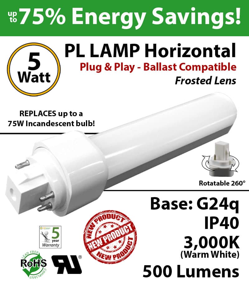 5W PL LED Lamp 500Lm 3000K Frosted Lens G24q IP40 UL. Ballast compatible thumbnail 4
