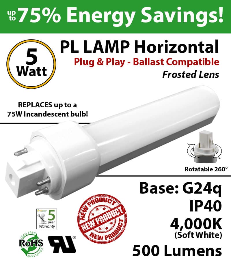 5W PL LED Lamp 500Lm 4000K Frosted Lens G24q IP40 UL. Ballast compatible thumbnail 4