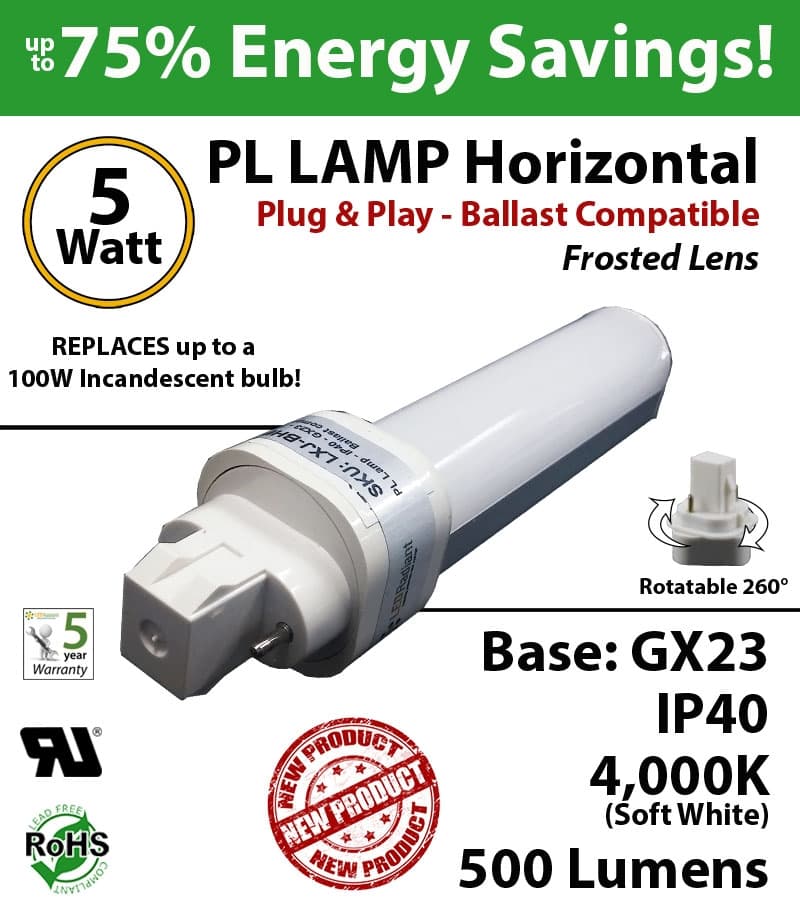 5W PL LED lamp 500 Lumens 4000K Horizontal Ballast compatible GX23 IP40 UL. thumbnail 4