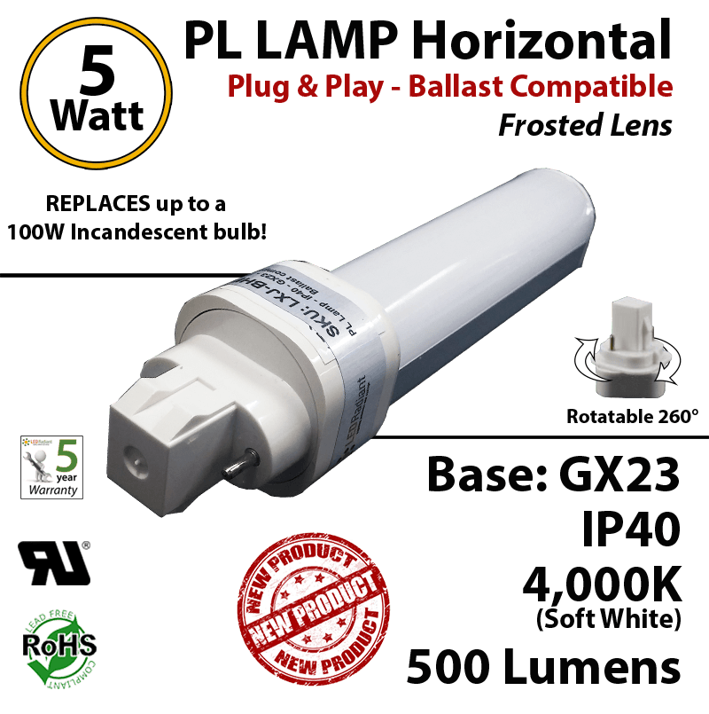 5W PL LED lamp 500 Lumens 4000K Horizontal Ballast compatible GX23 IP40 UL. thumbnail 5