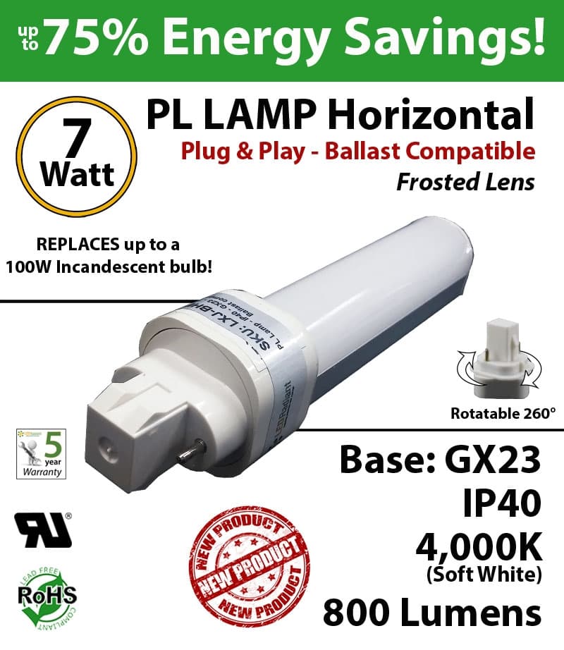 7W PL LED lamp 800Lm 4000K Frosted Ballast compatible GX23 IP40 UL. thumbnail 4