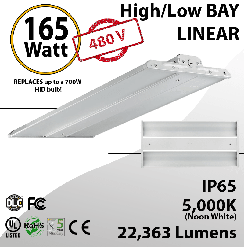 LED Linear High Bay 480V Fixture 2Ft. 165W 22363 Lumens 5000K UL DLC