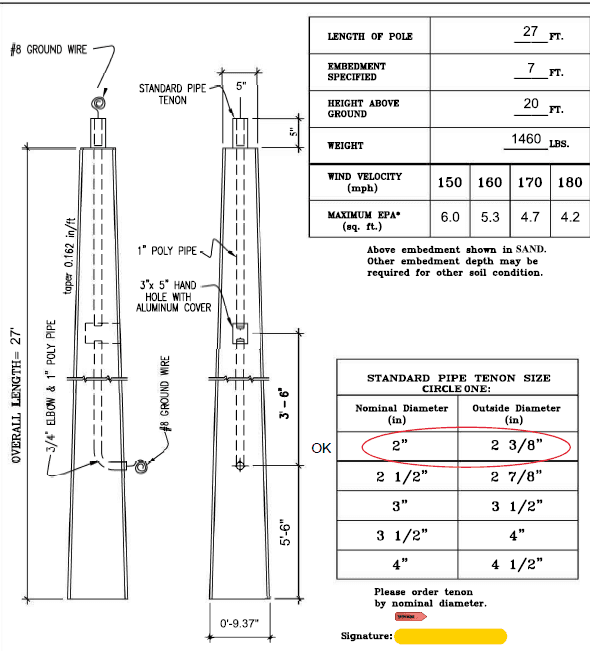 Light pole 32Ft OAL 25Ft AG Type I-O square tapered concrete with tenon 2-3/8inch