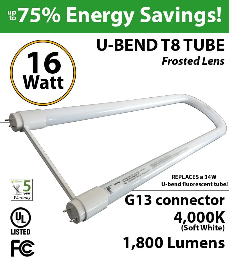 16W U-bend LED PLASTIC Tube 4000K Frosted By-pass ballast UL 1800 Lm — image 1