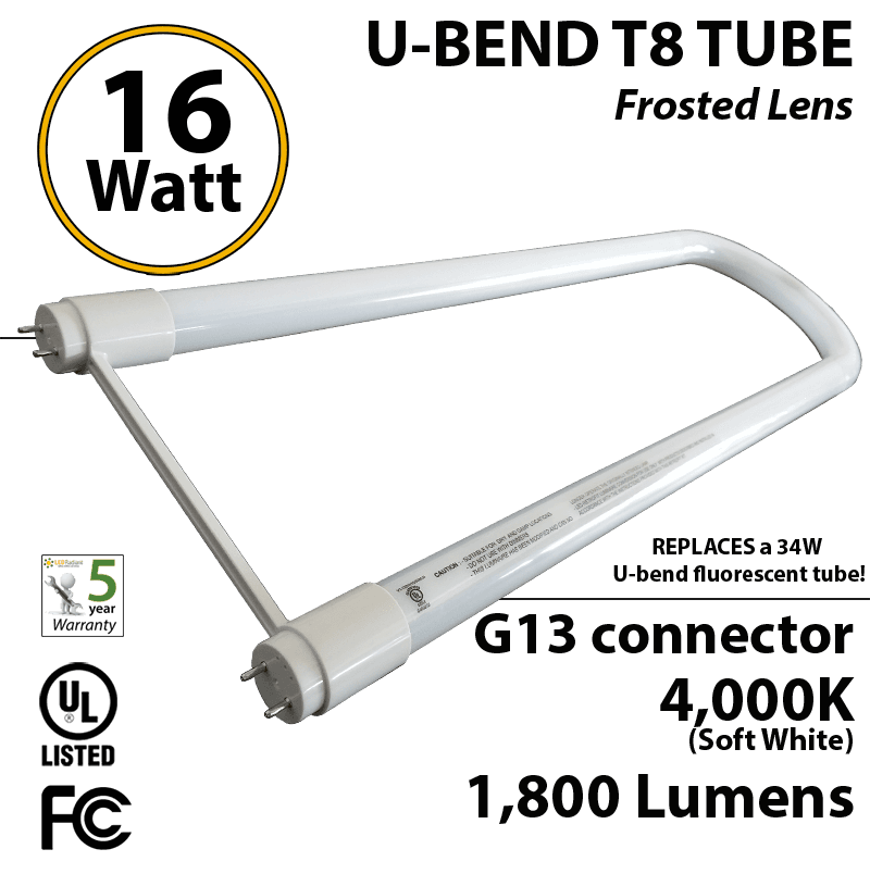16W U-bend LED PLASTIC Tube 4000K Frosted By-pass ballast UL 1800 Lm thumbnail 2