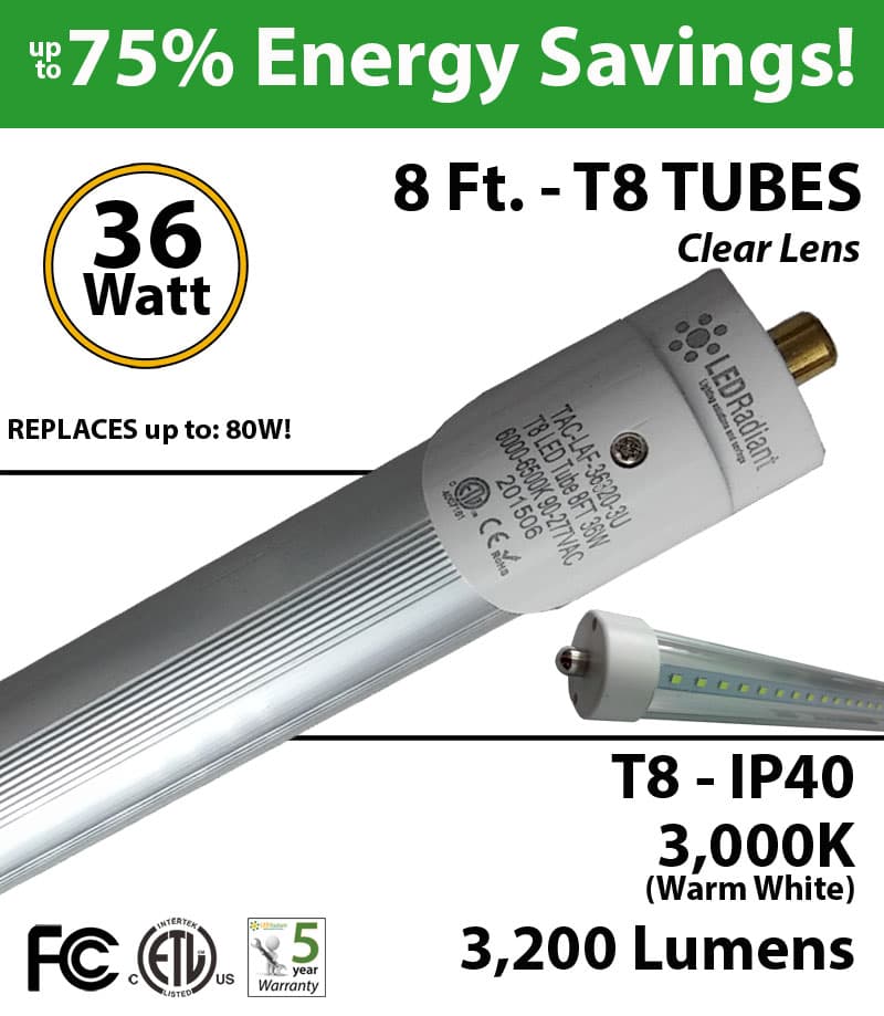 8Ft LED Tubes 36W T8 3200 Lm 3000K Clear IP40 Fluorescent replacement thumbnail 5