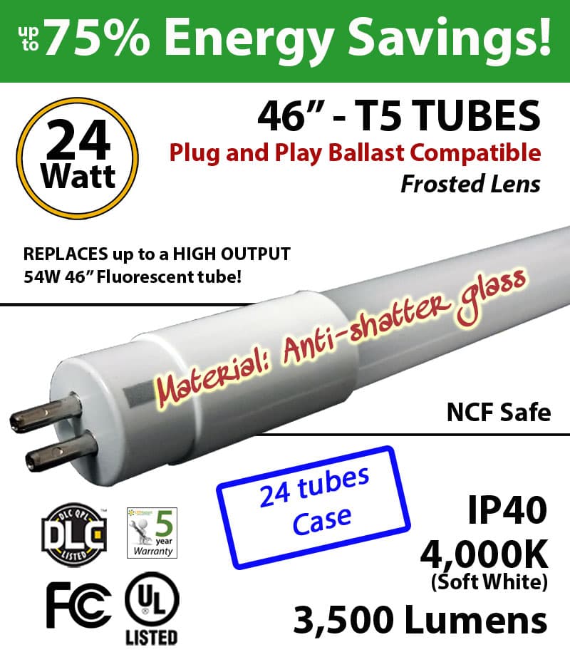 LED T5 Tube 24W Frosted 3500Lm 4000K Ballast Comp Plug & Play NCF Safe Case of 24 thumbnail 2