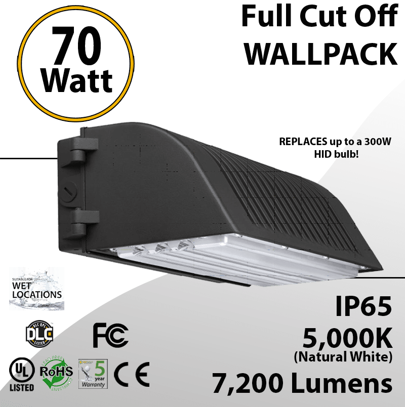 70W LED Full Cut off Wall Pack 7200 Lumens 5000K IP65 UL DLC
