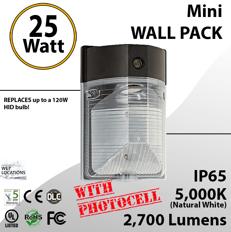 25W LED Mini Wall Pack 2700Lm 5000K IP65 W/photocell