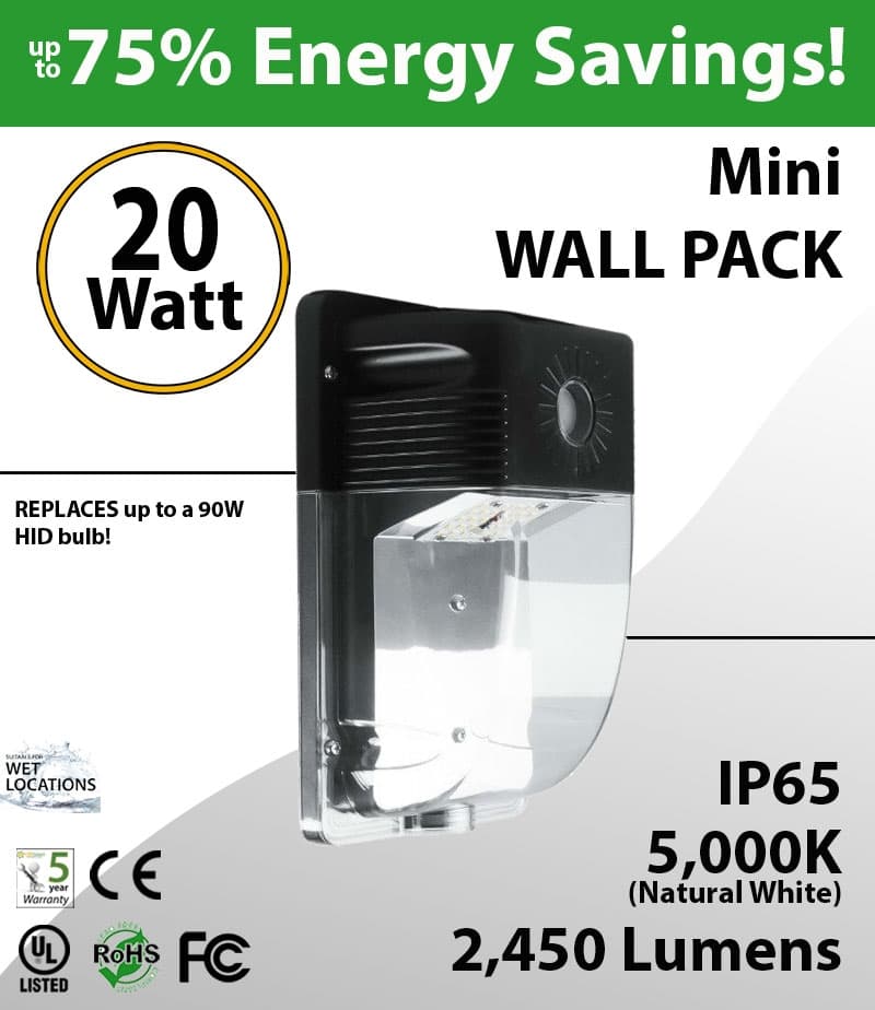 20W LED Mini Wall Pack 2450 Lumens 5000K IP65 with Photocell thumbnail 5