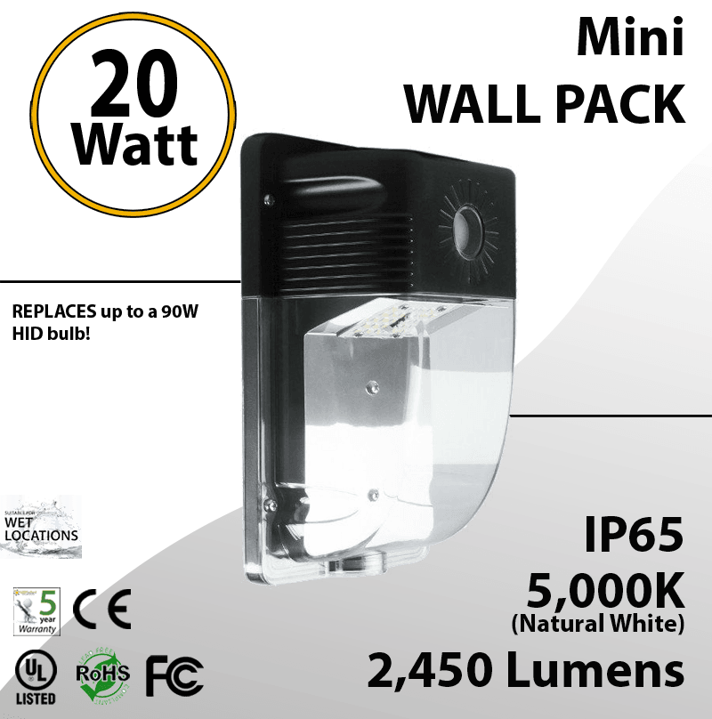20W LED Mini Wall Pack 2450 Lumens 5000K IP65 with Photocell