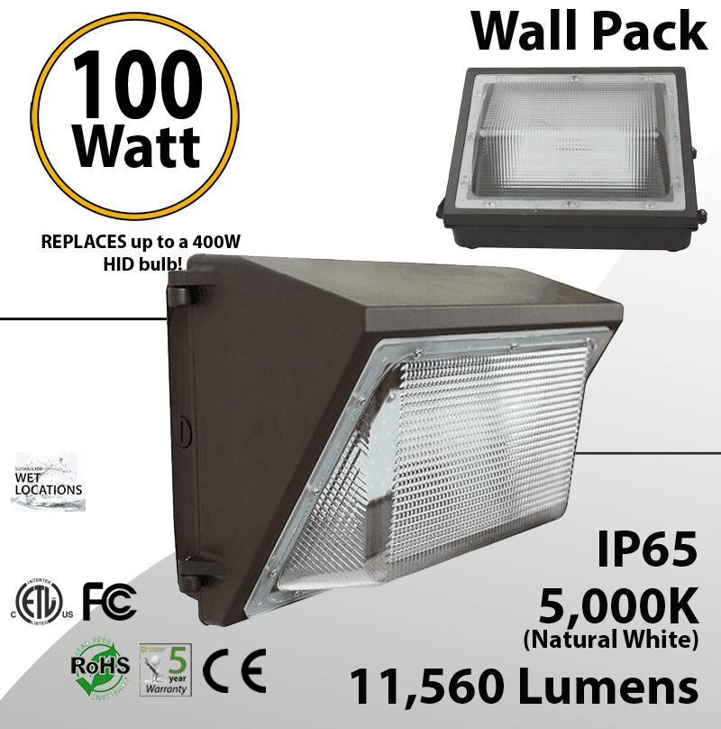 100W LED Wall Pack PC Lens 11560 Lm DLC 5000K