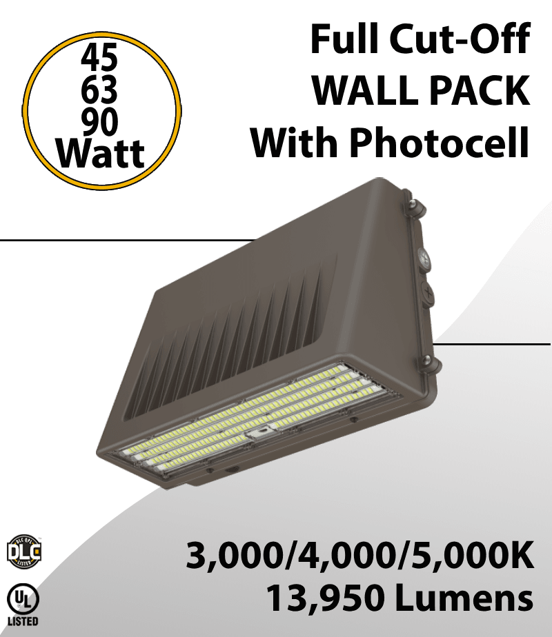 Full Cut-Off LED Wall Pack 45/63/90W 3000K/4000K/5000K W/Photocell
