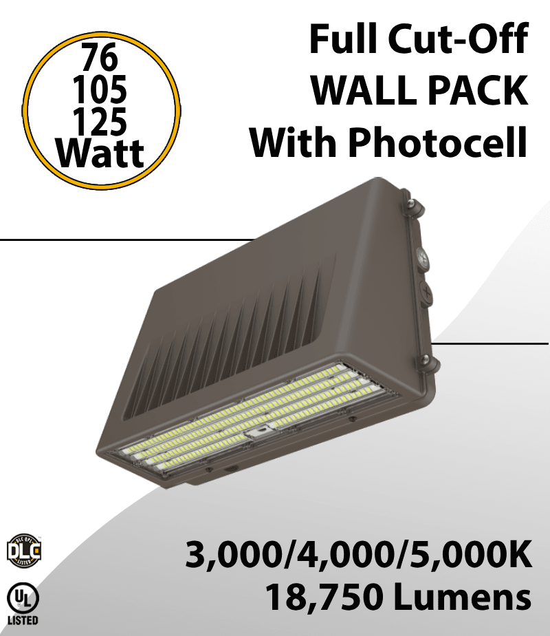 Full cut-off LED Wall Pack 76/105/125W 3000K/4000K/5000K w/Photocell