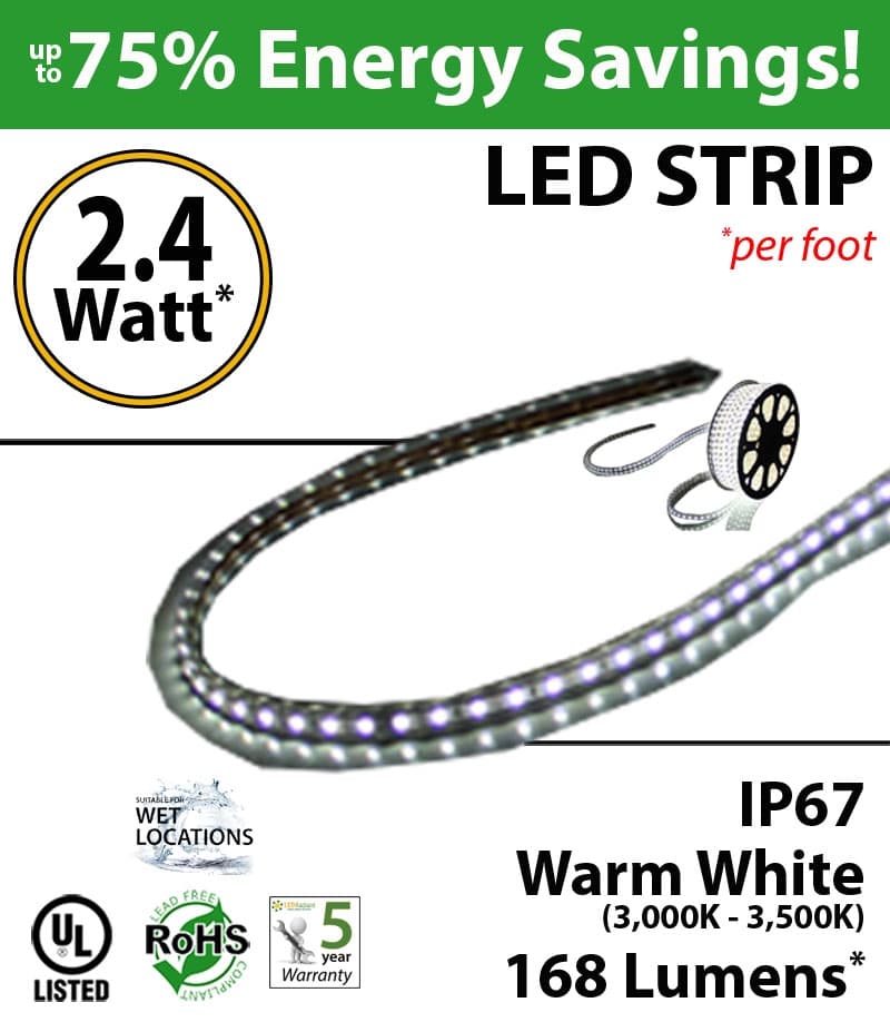 2.4W p/feet LED STRIP per foot Warm white  (3,000K-3,500K) 70 Lumens p/watt thumbnail 2