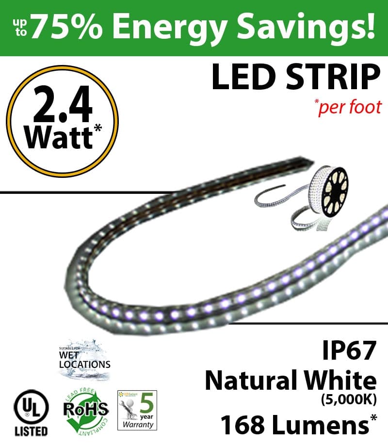 2.4W p/feet LED STRIP per foot Natural white (5,000K) 70 Lumens p/watt — image 1