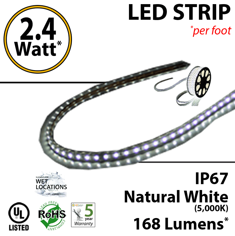 2.4W p/feet LED STRIP per foot Natural white (5,000K) 70 Lumens p/watt