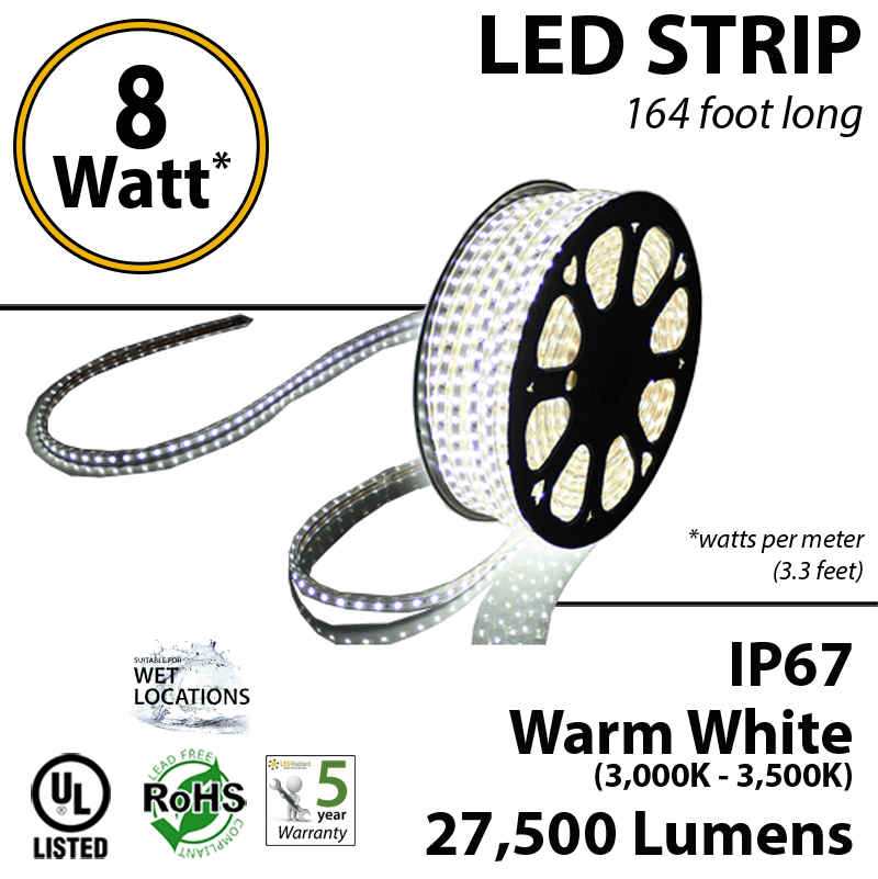 8W p/meter (2.4W p/feet) LED STRIP 50 Meters (164 ft) Warm white  (3,000K-3,500K) 70 Lumens p/watt