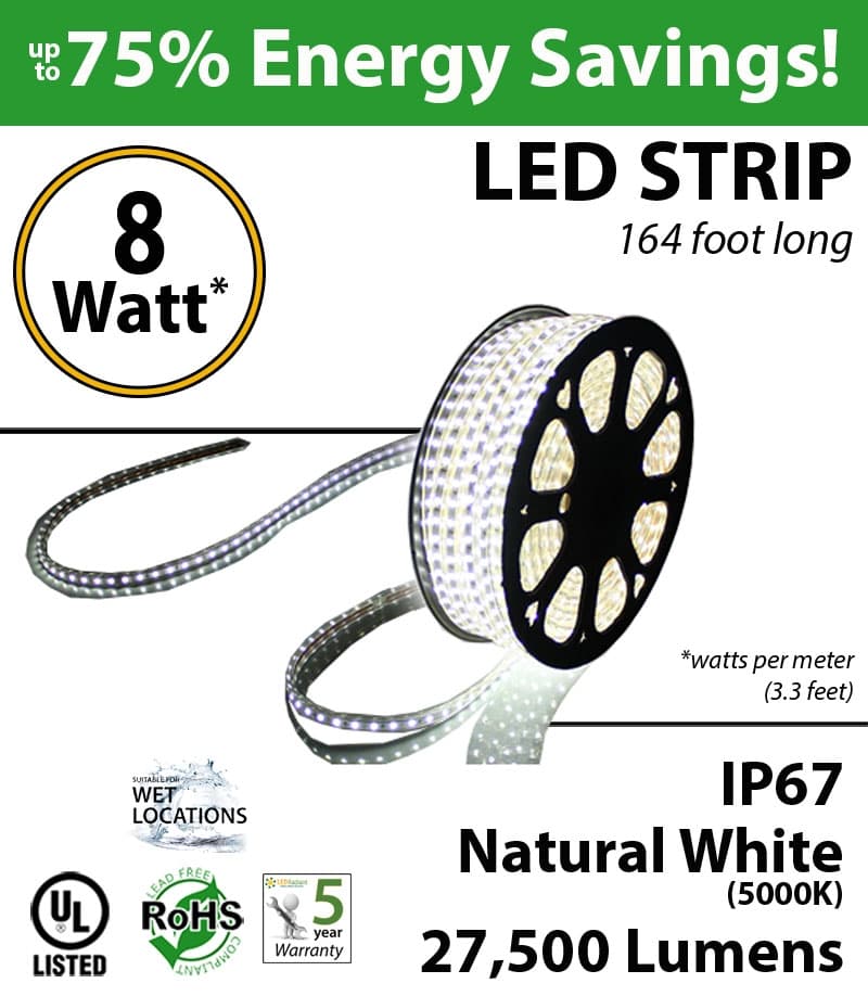 8W p/meter (2.4W p/feet) LED STRIP 50 Meters (164 ft) Natural White 5000K 70 Lumens p/watt — image 1