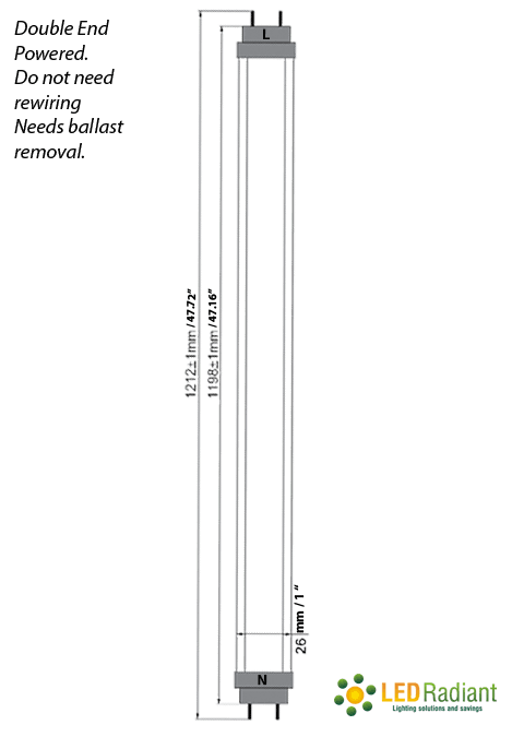 LED Tube Light 22W 4ft 2900Lm, 6500K Clear IP40 UL 2 end power