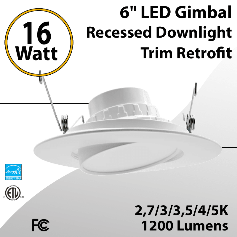 LED Gimbal Recessed Downlight Trim Retrofit 6" 16W 5CCT 1200Lm