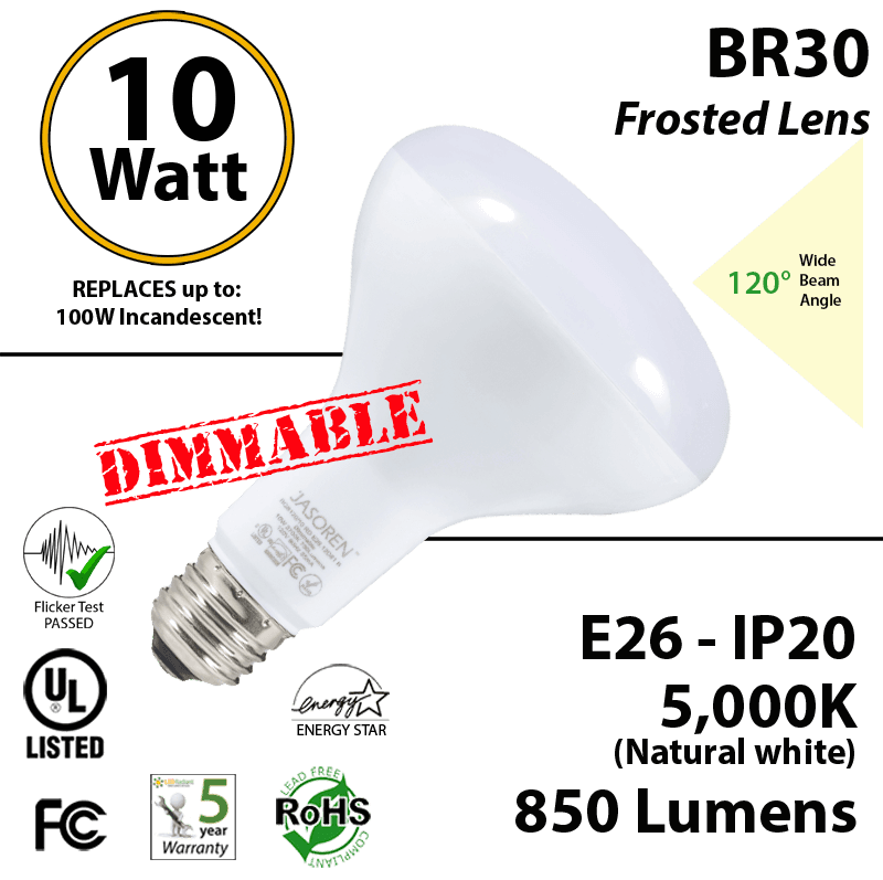 BR30 10W 850Lm Dimmable Frosted Lens 120° Beam Angle 5000K UL & Energy Star