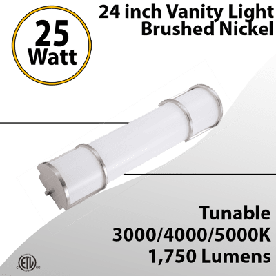 24" Brushed Nickel Bathroom Vanity Light: 30/40/5000K, 25W, 1750 Lumens