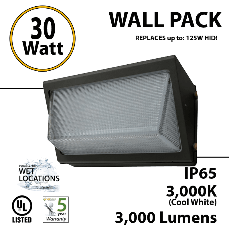 30W LED Wall Pack Fixture: 3000Lm 5500K IP65 UL