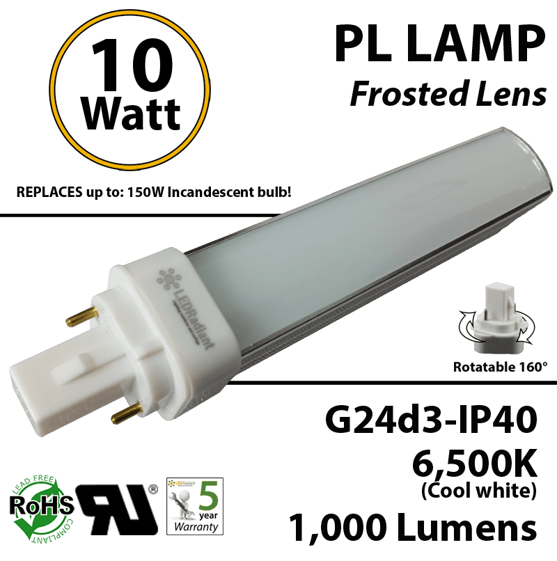 10W PL LED Bulb lamp 1000Lm 6500K G24-d3 IP40 Frosted UL. Direct Line (Remove Ballast)