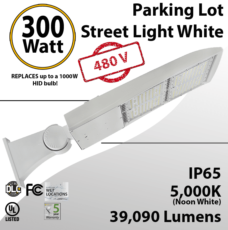 480V White Led Pole Light 300W 39090Lm 5000K UL IP65 DLC