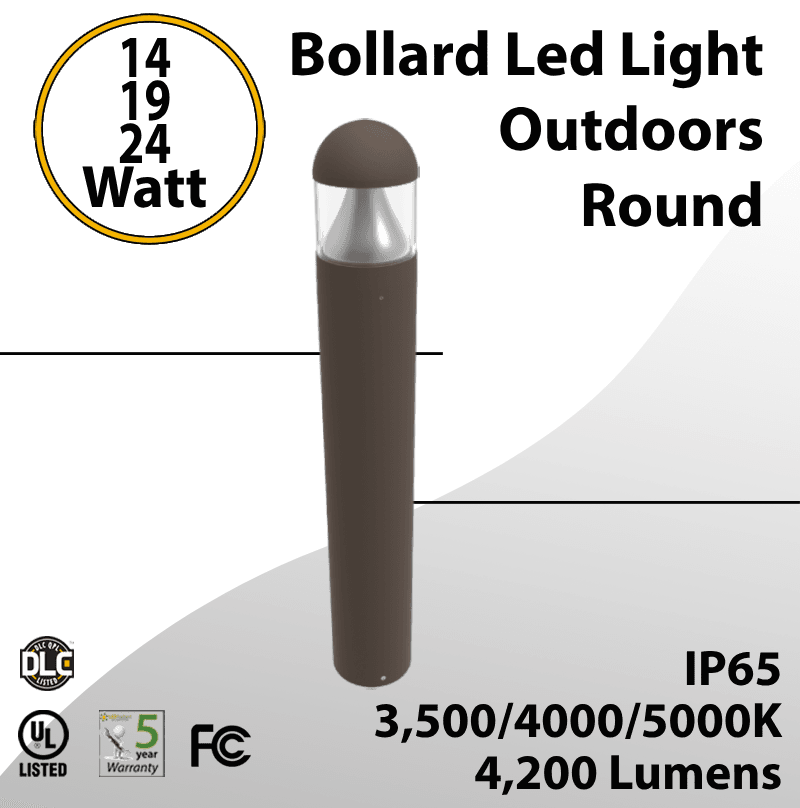 Bollard Led Light Outdoors Round 14/19/24W Selectable 4200Lm 3CCT