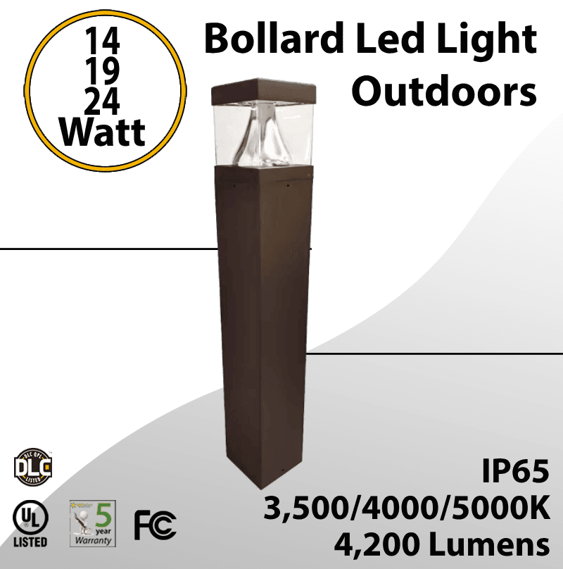 Bollard Led Light Outdoors Square 14/19/24W Selectable 4200Lm 3CCT