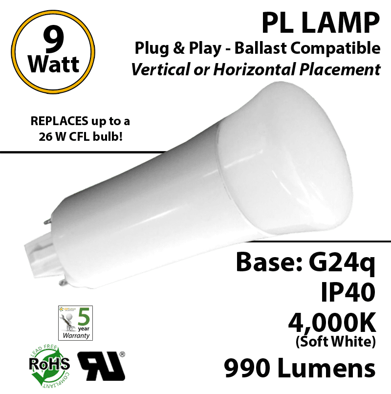 9W PL LED Lamp 990Lm 4000K Frosted Lens G24q IP40 UL Ballast Compatible